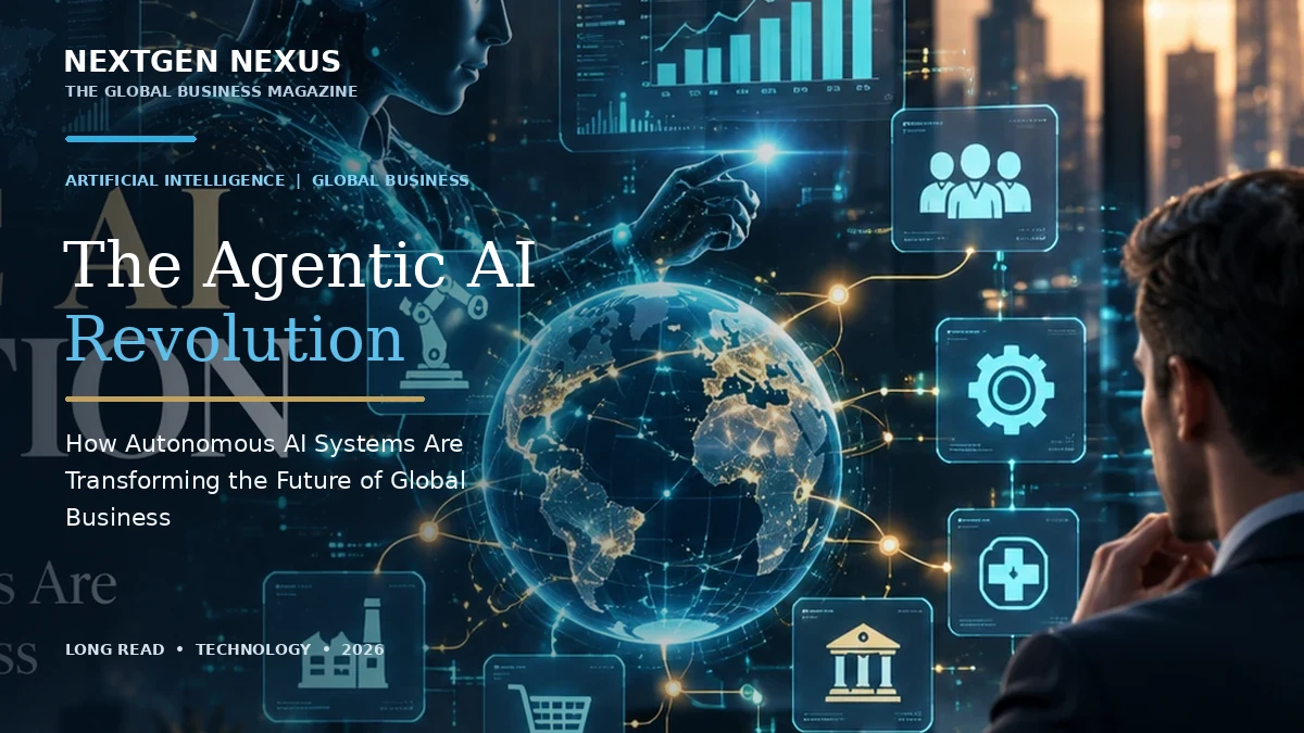 NextGen Nexus cover artwork illustrating autonomous artificial intelligence and connected global business systems